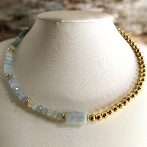 Natural Aquamarine & Gold Beads in Assymetrical Gold Plated Necklace Choker